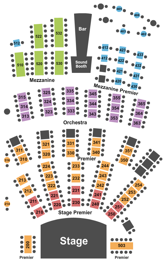Reserved seating chart for City Winery: orchestra, boxes, mezzanine, and balcony